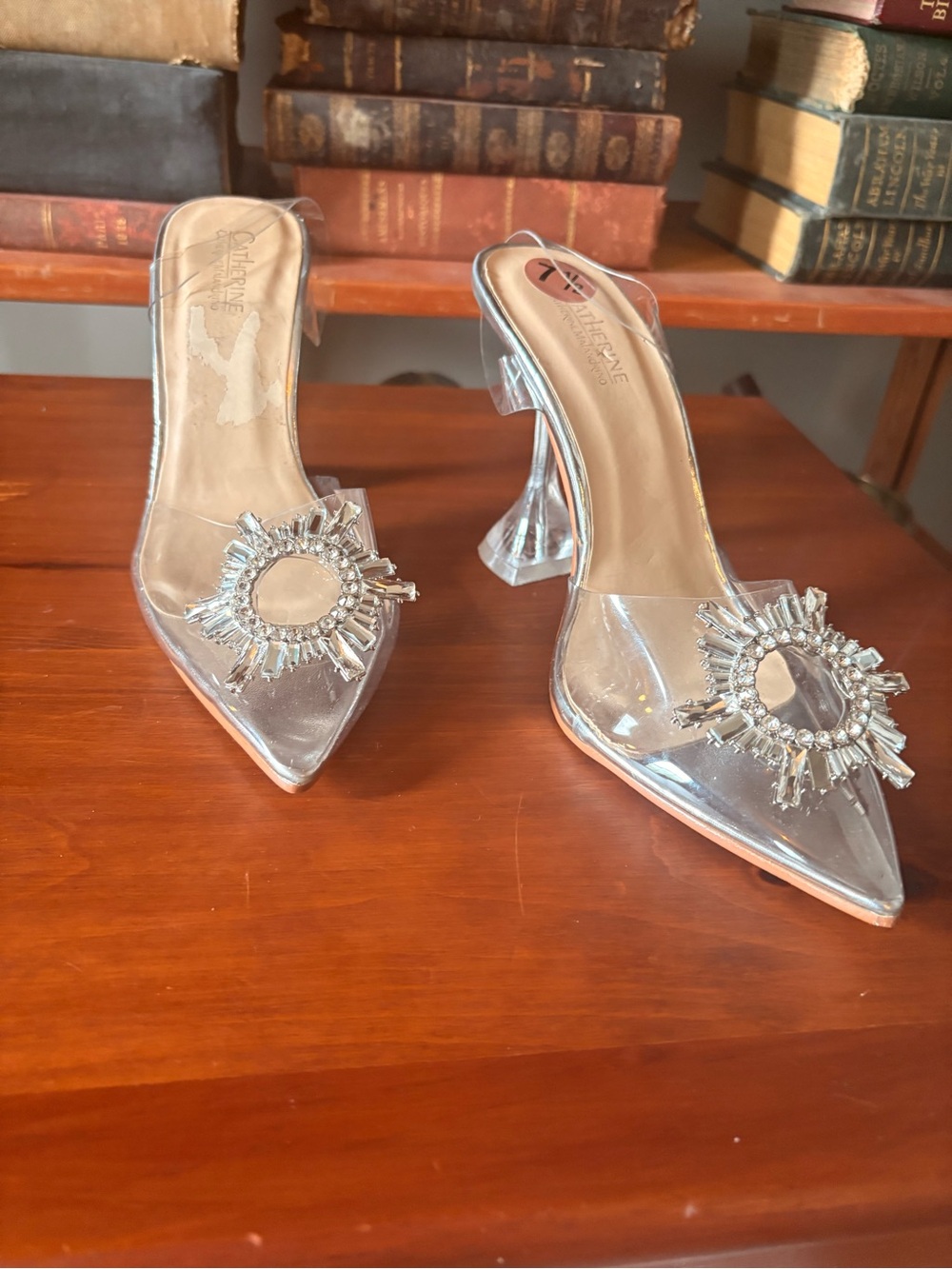Clear Crystal Embellished Pointed Mule Clear Heels - Silver Starburst